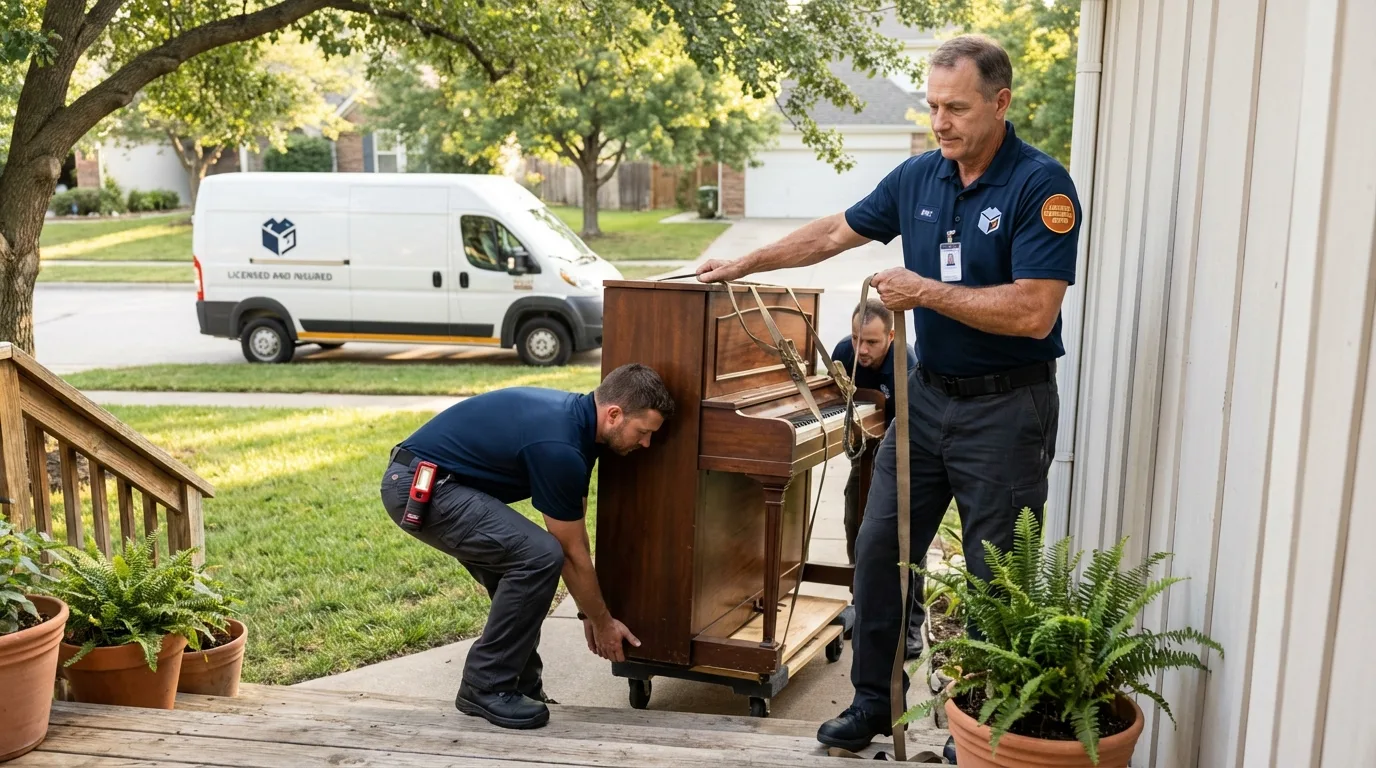Licensed piano movers securing grand piano in College Place, WA