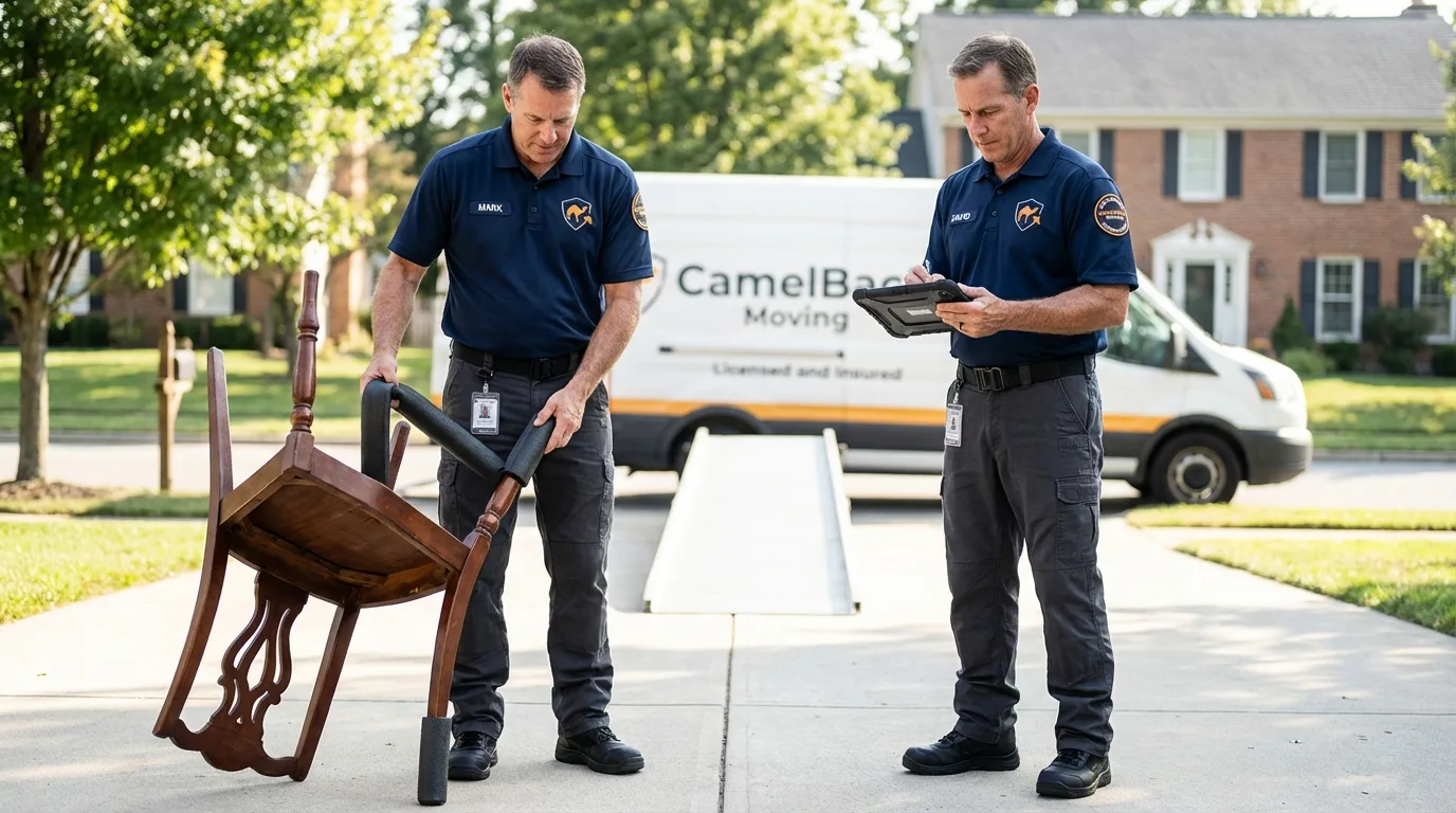 Movers inspecting furniture for damage prevention before loading in College Place, WA