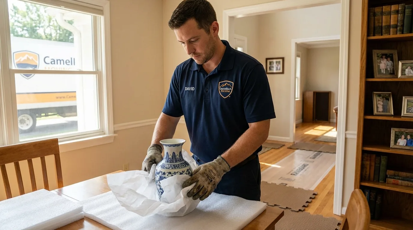 Professional crew carefully wrapping antique vase for senior downsizing move in College Place, WA